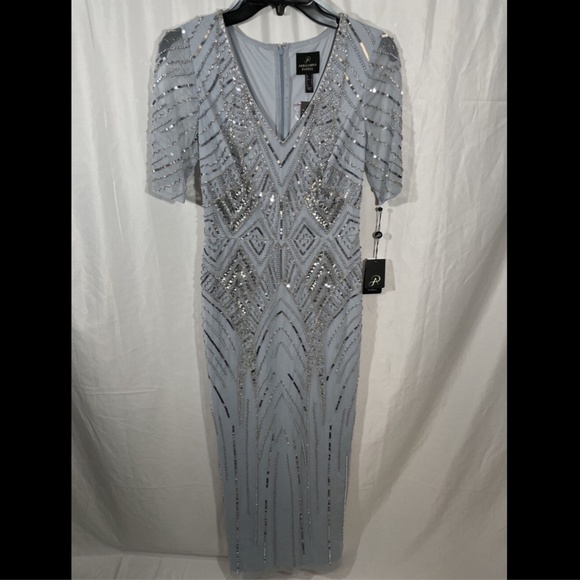 NWT $349 Adrianna Papell V-neck Beaded Gown in‎ Glacier [SZ 0 ] - Picture 6 of 15